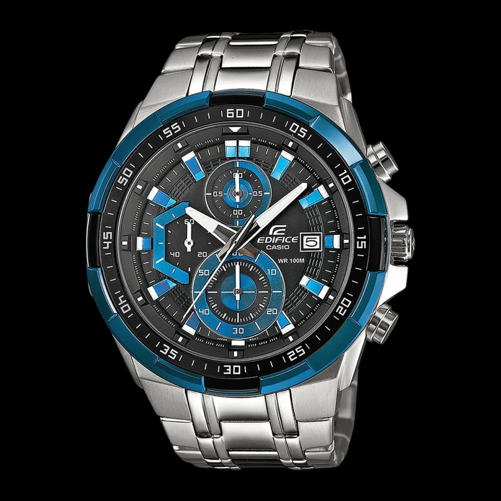 Casio Edifice EFR-539D-1A2VUEF Argent Noir Batterie 2 Ans 10ATM, vue de face: cadran noir avec lunette bleue, sous-cadrans