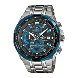 Casio Edifice EFR-539D-1A2VUEF Argent Noir Batterie 2 Ans 10ATM, vue de face: cadran noir avec lunette bleue, sous-cadrans