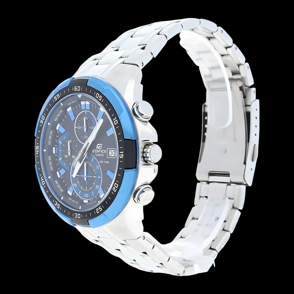 Casio Edifice EFR-539D-1A2VUEF Argent Noir Batterie 2 Ans 10ATM, détail vue latérale: lunette bleue, cadran noir