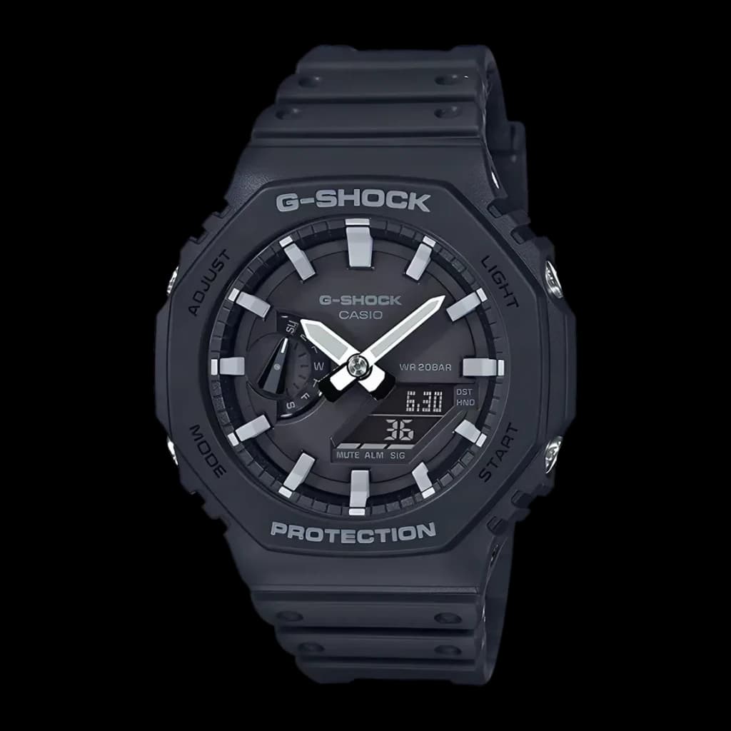 Casio G-Shock GA-2100-1AER Noir Chronomètre, Heure Mondiale 29 fuseaux 20ATM, face avant: boîtier octogonal noir, cadran