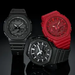 Casio G-Shock GA-2100-1AER Noir Chronomètre, Heure Mondiale 29 fuseaux 20ATM, trio coloris: noir mat et rouge aux côtés