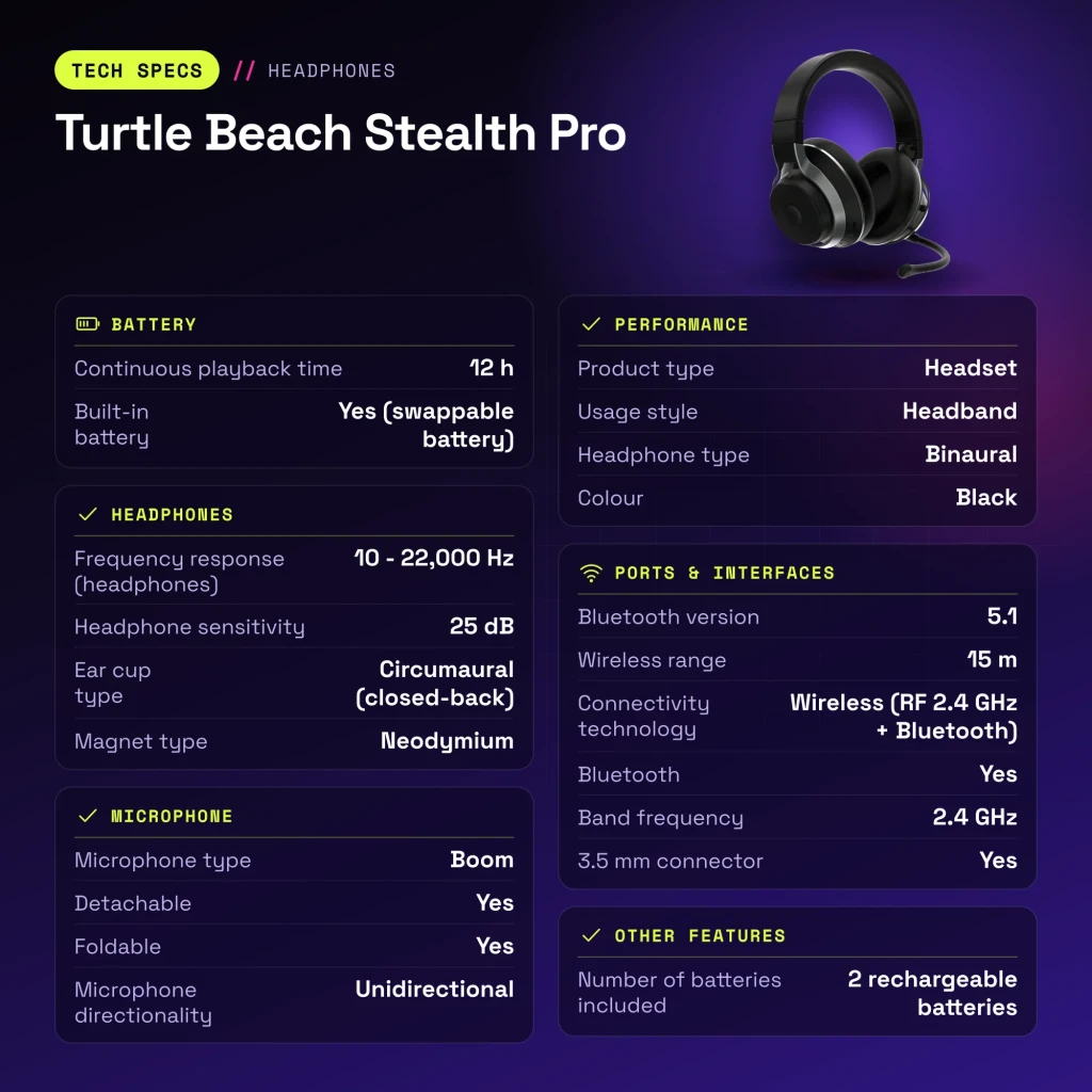 Auriculares Gaming Turtle Beach Stealth Pro PlayStation Inalámbrico Micrófono Extraíble Negro - características