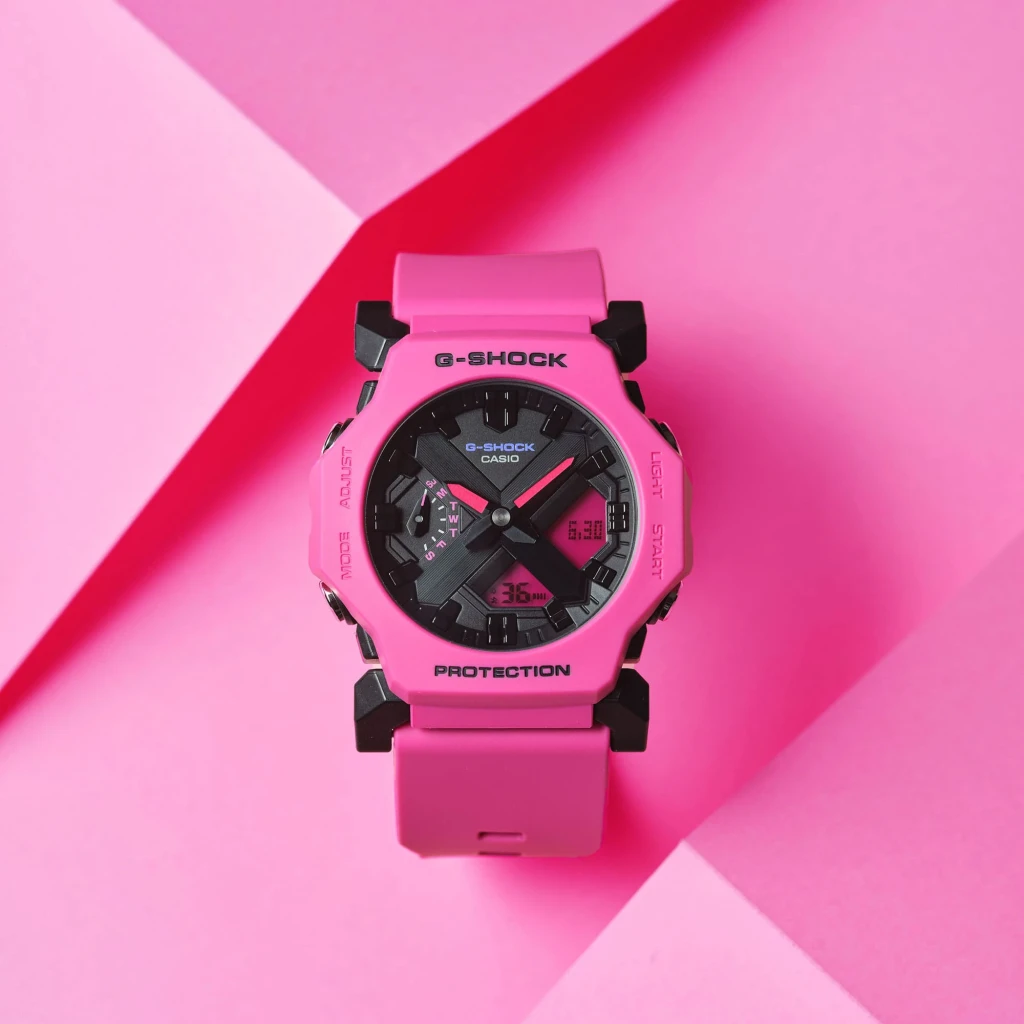 Casio G-Shock GA-2300-4A Rosa Cronómetro, Alarme, Contagem Decrescente, vista frontal: mostrador ana-digi preto com ponteiro