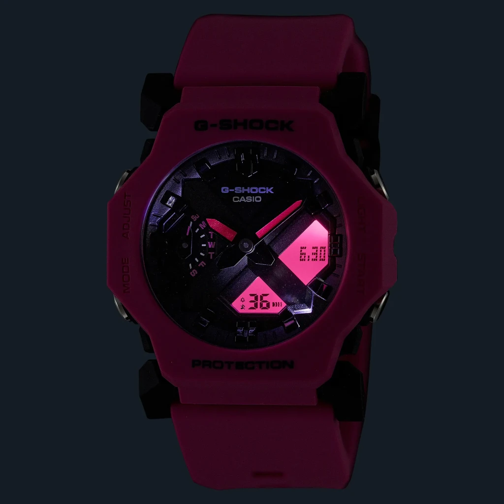 Casio G-Shock GA-2300-4A Rosa Cronómetro, Alarme, Contagem Decrescente, frontal iluminado: mostrador preto com visor digital