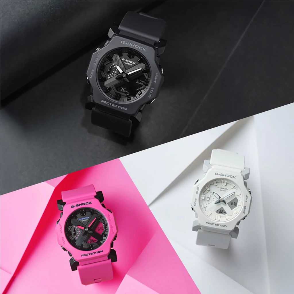 Casio G-Shock GA-2300-4A Rosa Cronómetro, Alarme, Contagem Decrescente, comparação: versões rosa, preta e branca