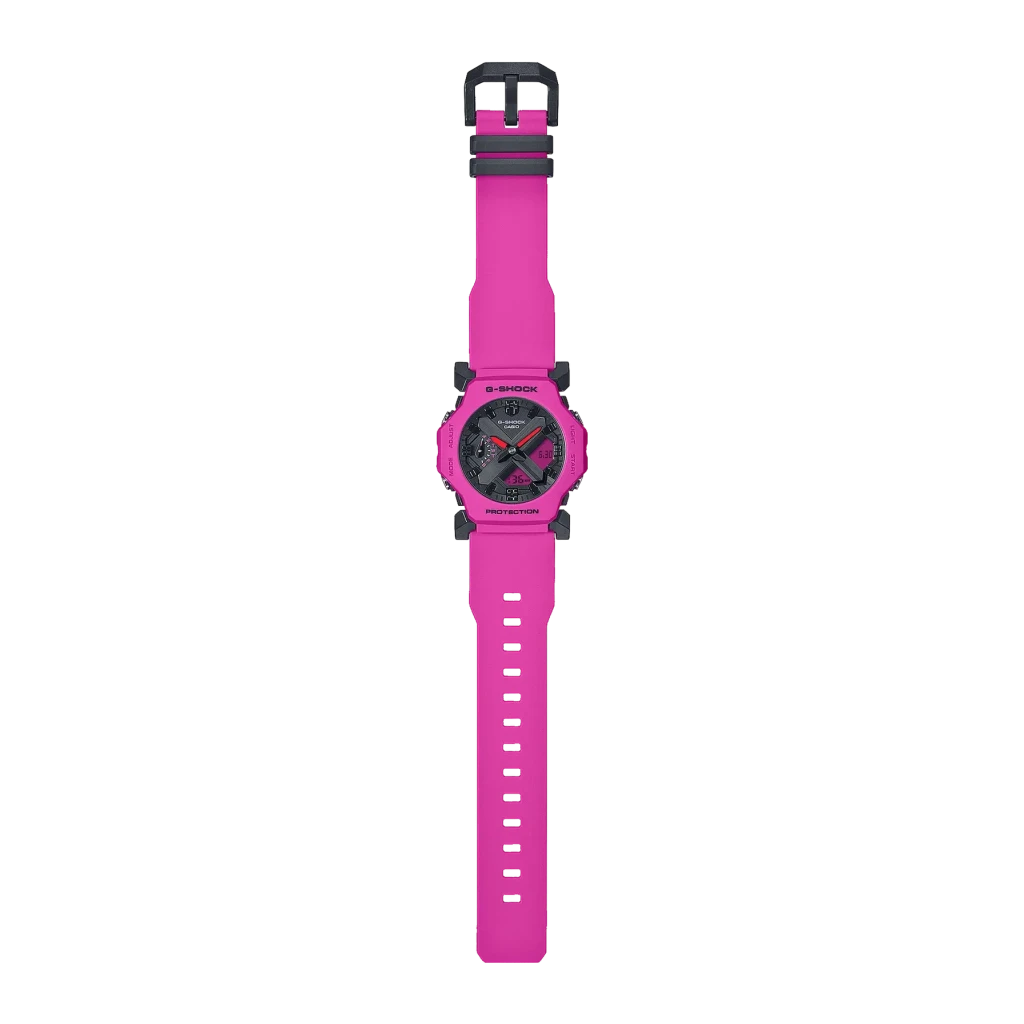 Casio G-Shock GA-2300-4A Rosa Cronómetro, Alarme, Contagem Decrescente, vista frontal estendida: pulseira rosa completa