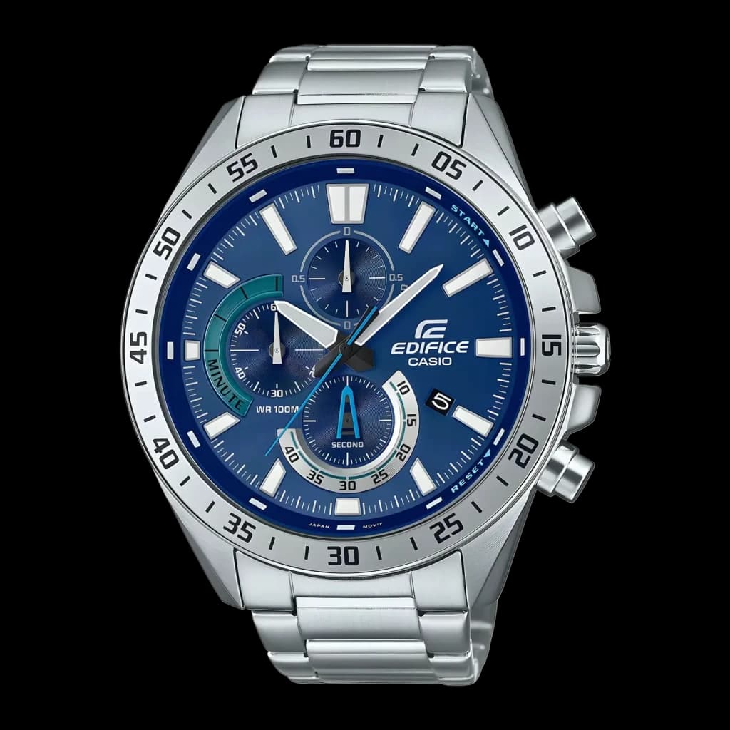 Casio Edifice EFV-620D-2AV Argent Bleu Chronographe Analogique Batterie 3 Ans 10ATM, vue de face: cadran bleu avec trois