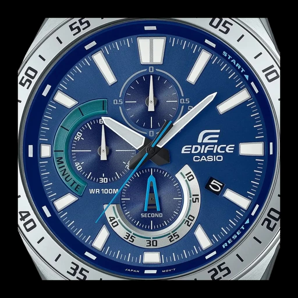 Casio Edifice EFV-620D-2AV Argent Bleu Chronographe Analogique Batterie 3 Ans 10ATM, détail: cadran bleu avec trois