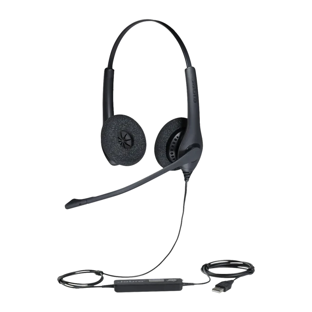 Casque Jabra Biz 1500 Duo USB Réduction de bruit Serre-tête, vue de face: coussinets en mousse, micro-boom flexible et câble