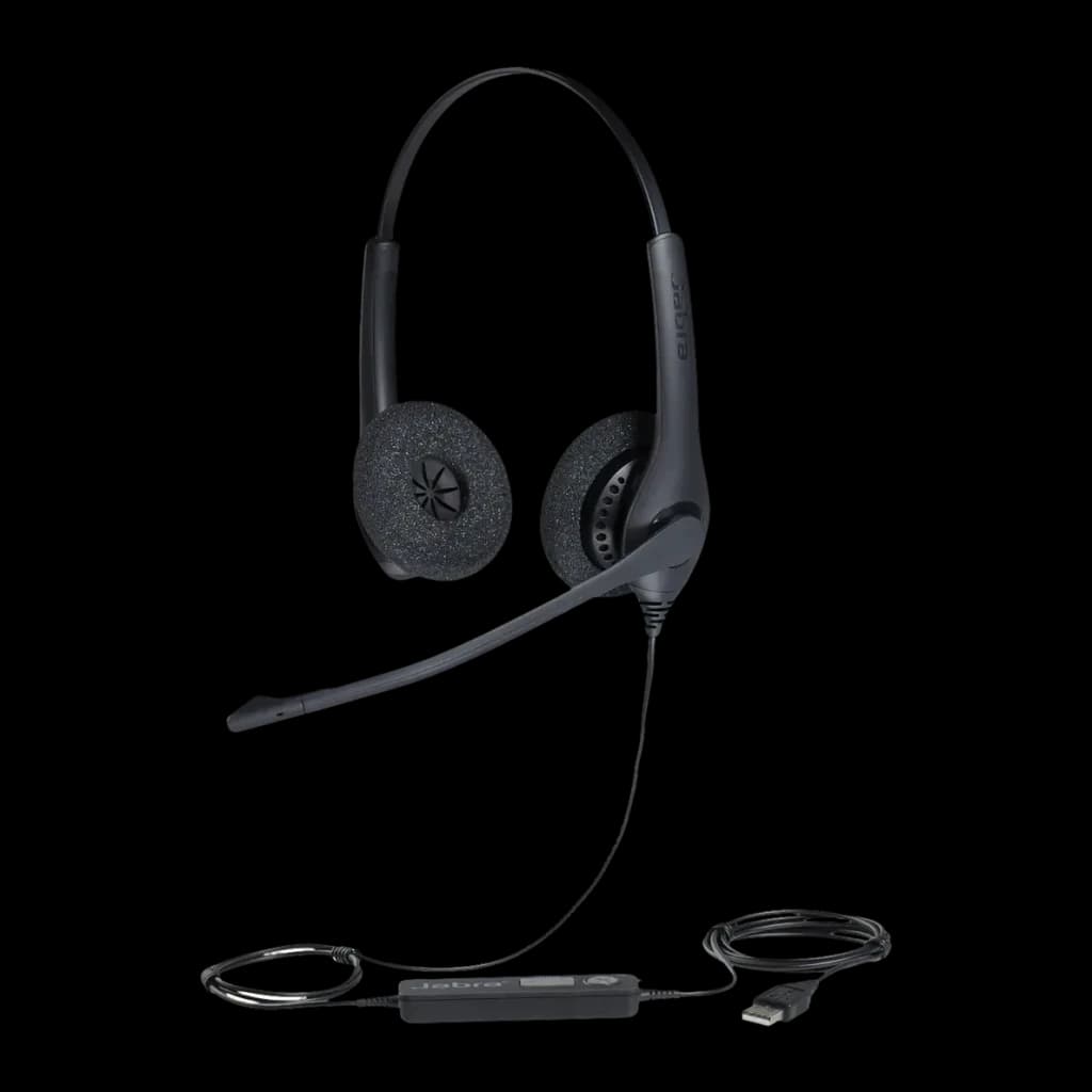 Casque Jabra Biz 1500 Duo USB Réduction de bruit Serre-tête, vue de face: coussinets en mousse, micro-boom flexible et câble