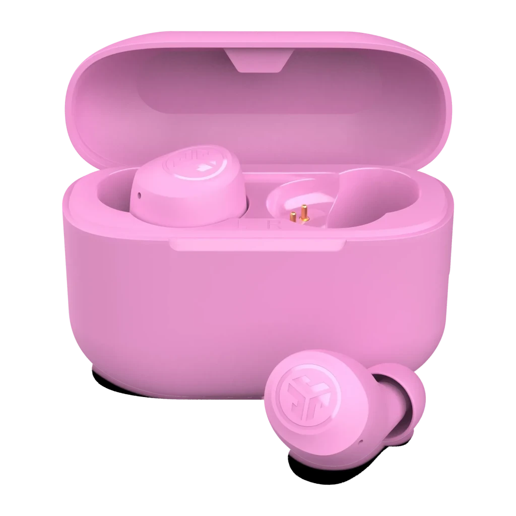 Auriculares JLab Audio Go Air Pop TWS In-Ear Bluetooth 5.1 32h IPX4, vista frontal: estuche rosa abierto con un auricular