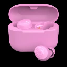 Auriculares JLab Audio Go Air Pop TWS In-Ear Bluetooth 5.1 32h IPX4, vista frontal: estuche rosa abierto con un auricular
