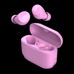 Auriculares JLab Audio Go Air Pop TWS In-Ear Bluetooth 5.1 32h IPX4, vista conjunto: earbuds rosas flotando sobre estuche