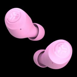 Auriculares JLab Audio Go Air Pop TWS In-Ear Bluetooth 5.1 32h IPX4, vista frontal: dos earbuds rosas con logo JLab