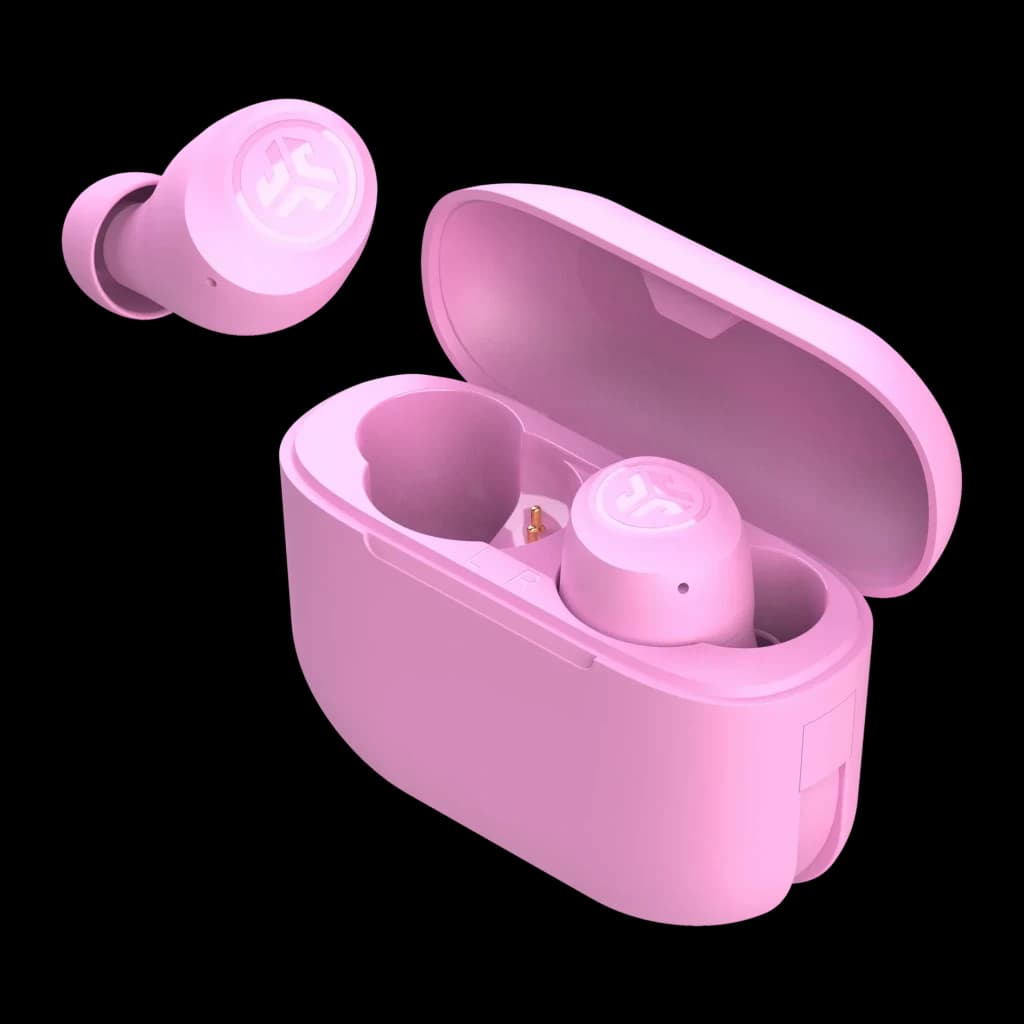Auriculares JLab Audio Go Air Pop TWS In-Ear Bluetooth 5.1 32h IPX4 rosa, vista 3/4: estuche abierto con un earbud dentro