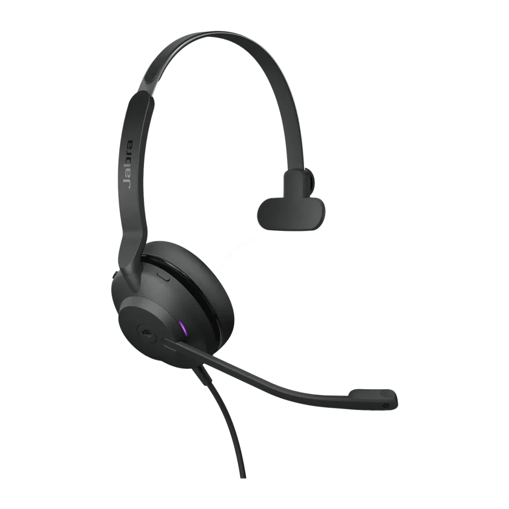 Auriculares Jabra Evolve2 30 USB-C Mono Diadema Mono, detalle lateral: micrófono flexible, luz LED morada y logo Jabra