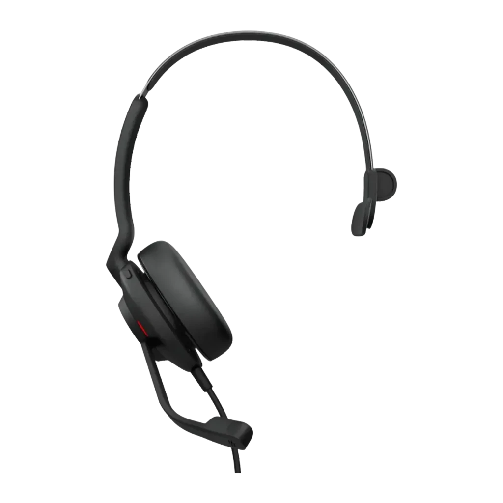 Auriculares Jabra Evolve2 30 USB-C Mono Diadema Mono negro, vista trasera: auricular único, micrófono flexible y detalle