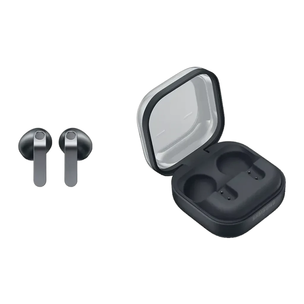Auriculares Samsung Galaxy Buds 4 Cancelación de Ruido Adaptativa TWS, vista conjunto: earbuds plateados y estuche abierto