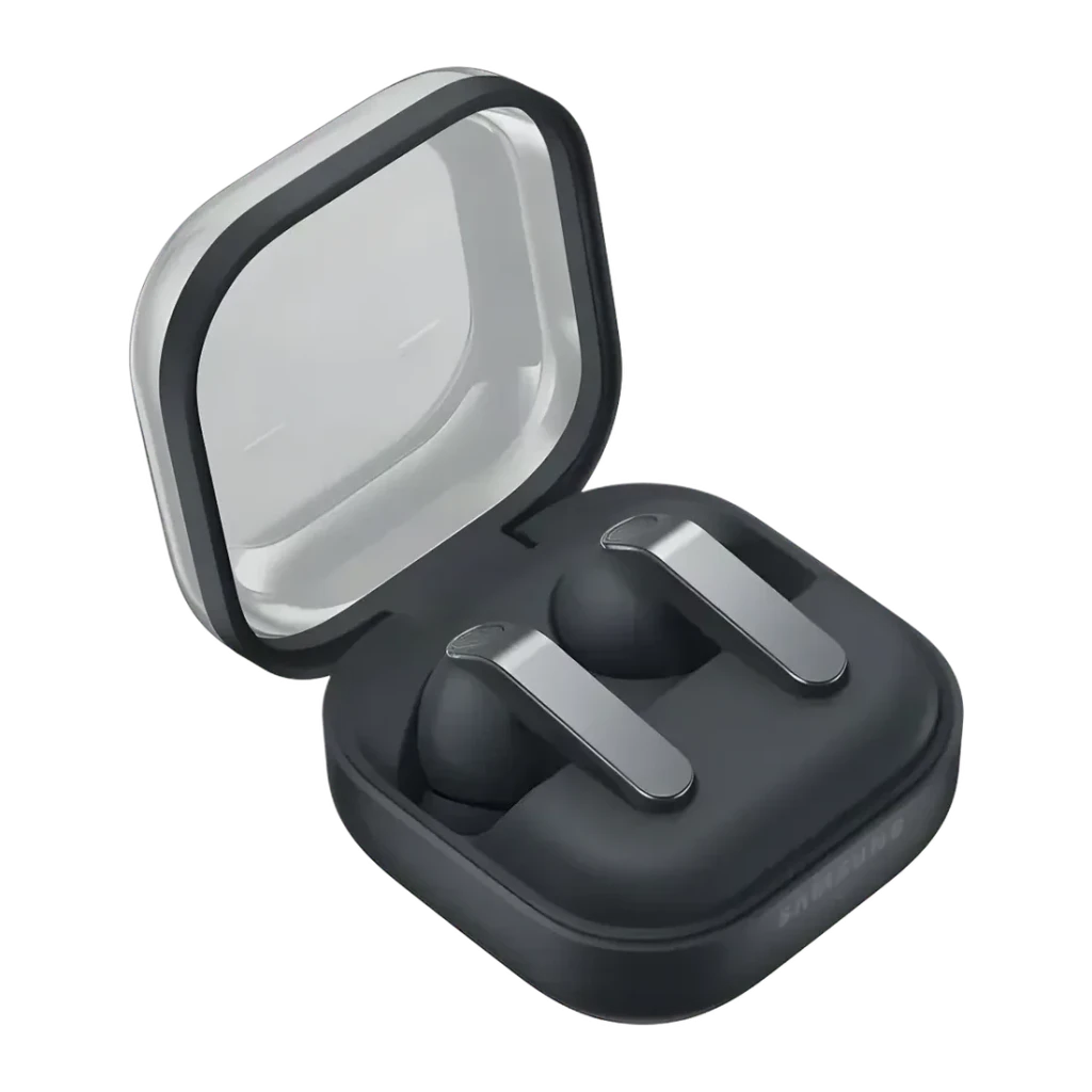 Auriculares Samsung Galaxy Buds 4 Cancelación de Ruido Adaptativa TWS, detalle: estuche abierto en gris con ambos earbuds