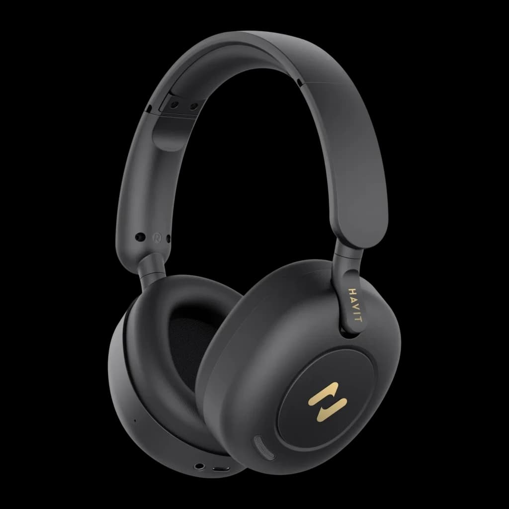 Auriculares Havit H655BT Pro Cancelación de Ruido Diadema Bluetooth 5.3 80h, vista lateral: diadema negra, almohadillas