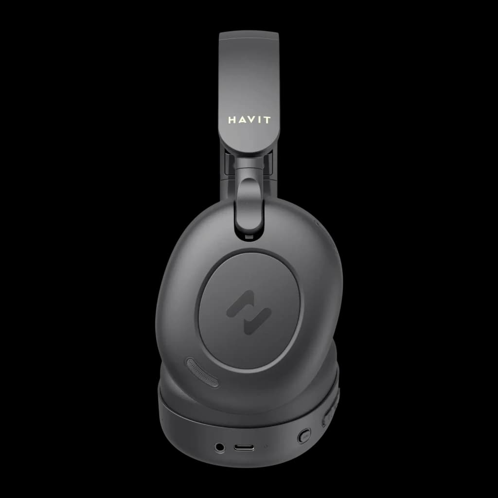 Auriculares Havit H655BT Pro Cancelación de Ruido Diadema Bluetooth 5.3 80h, lateral: copa derecha con logo y puertos USB-C