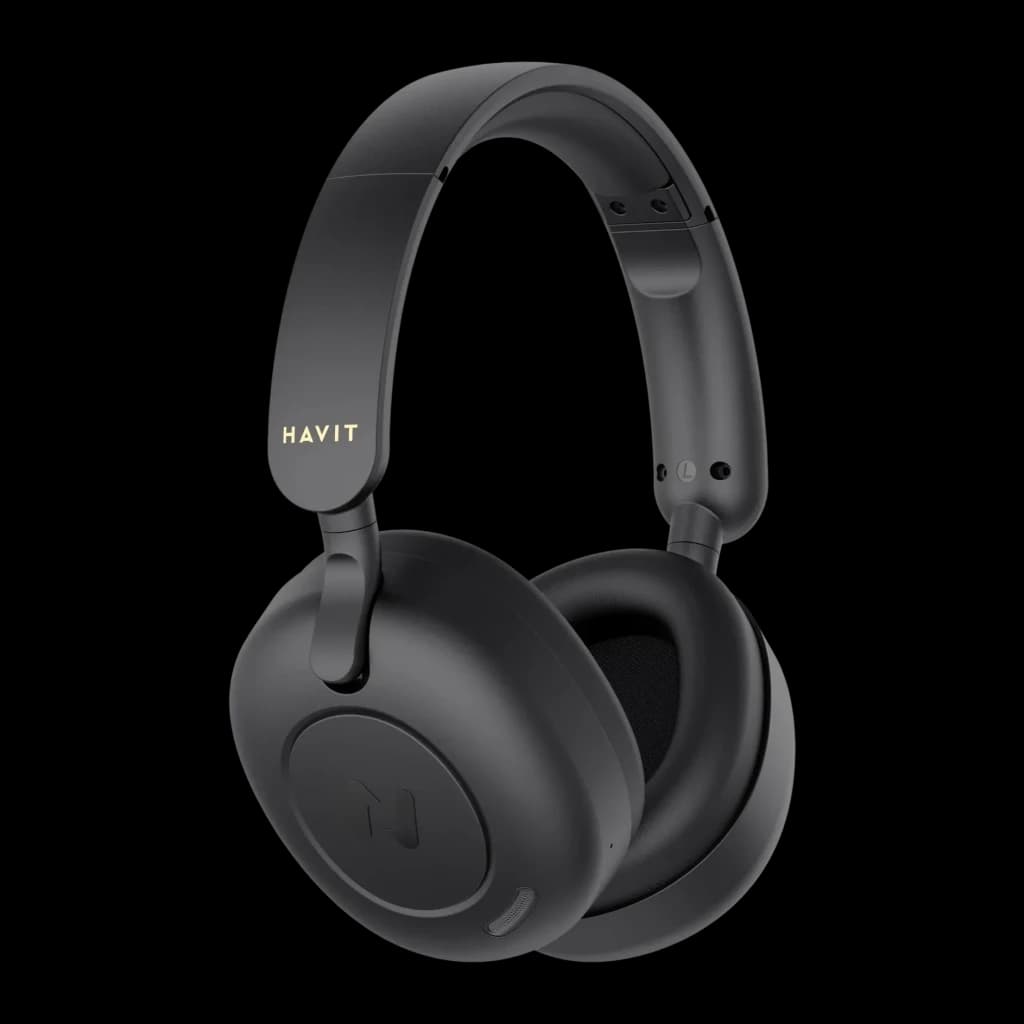 Auriculares Havit H655BT Pro Cancelación de Ruido Diadema Bluetooth 5.3 80h, vista lateral: logo dorado HAVIT en diadema