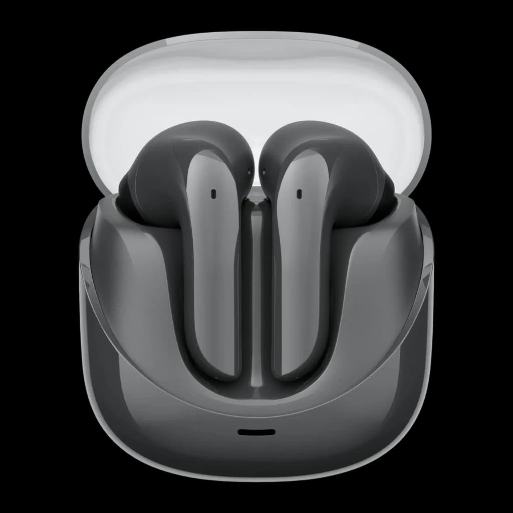 Auriculares Havit Modern Buds TWS Bluetooth 5.3 4,5h, vista frontal: dos earbuds grises en estuche abierto