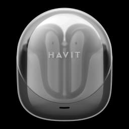 Auriculares Havit Modern Buds TWS Bluetooth 5.3 4,5h, vista frontal: estuche cerrado plateado con logo HAVIT y silueta