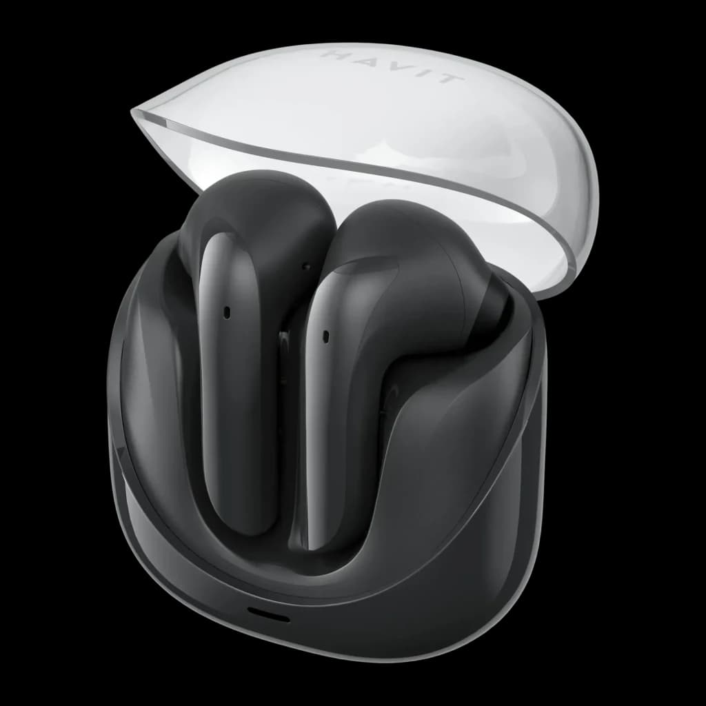 Auriculares Havit Modern Buds TWS Bluetooth 5.3 4,5h, vista frontal: ambos earbuds negros en estuche abierto con tapa