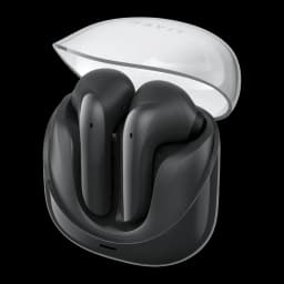 Auriculares Havit Modern Buds TWS Bluetooth 5.3 4,5h, vista frontal: ambos earbuds negros en estuche abierto con tapa