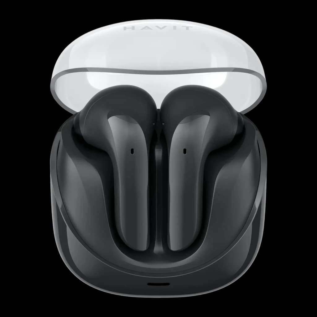 Auriculares Havit Modern Buds TWS Bluetooth 5.3 4,5h, vista frontal: estuche abierto negro y blanco con ambos earbuds