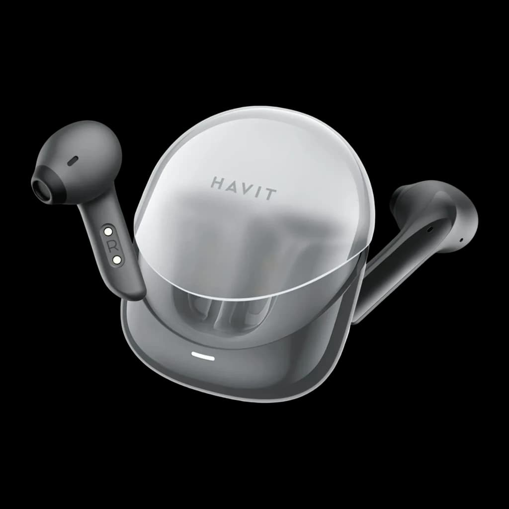 Auriculares Havit Modern Buds TWS Bluetooth 5.3 4,5h, vista en perspectiva: estuche transparente abierto con ambos earbuds
