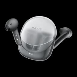 Auriculares Havit Modern Buds TWS Bluetooth 5.3 4,5h, vista en perspectiva: estuche transparente abierto con ambos earbuds