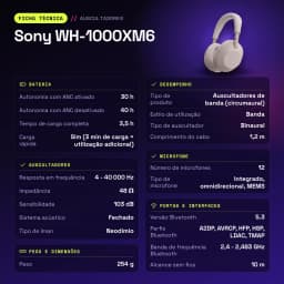Auscultadores Sony WH-1000XM6 Cancelamento de Ruído Adaptativo Banda - características