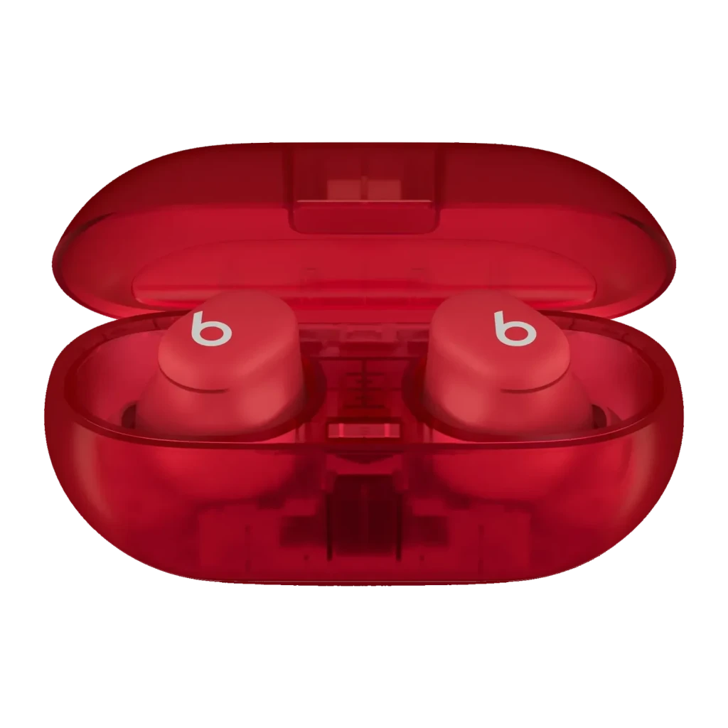 Auriculares Apple Beats Solo Buds MUW03ZM/A Cancelación de Ruido TWS In-Ear, vista frontal: estuche rojo transparente