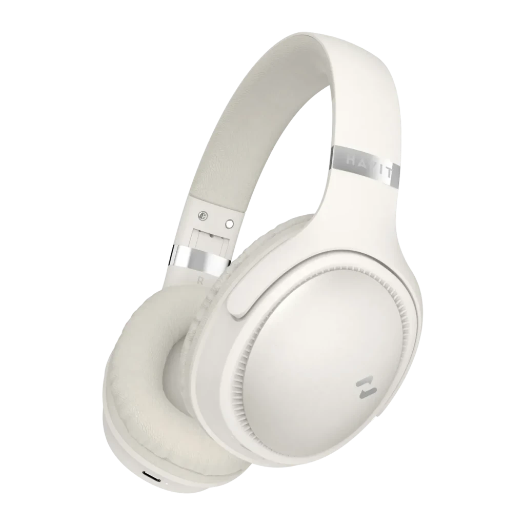 Casque Havit H630BT Bluetooth 5.3 36h blanc, vue latérale: coussinets rembourrés, arceau avec logo et accents argentés