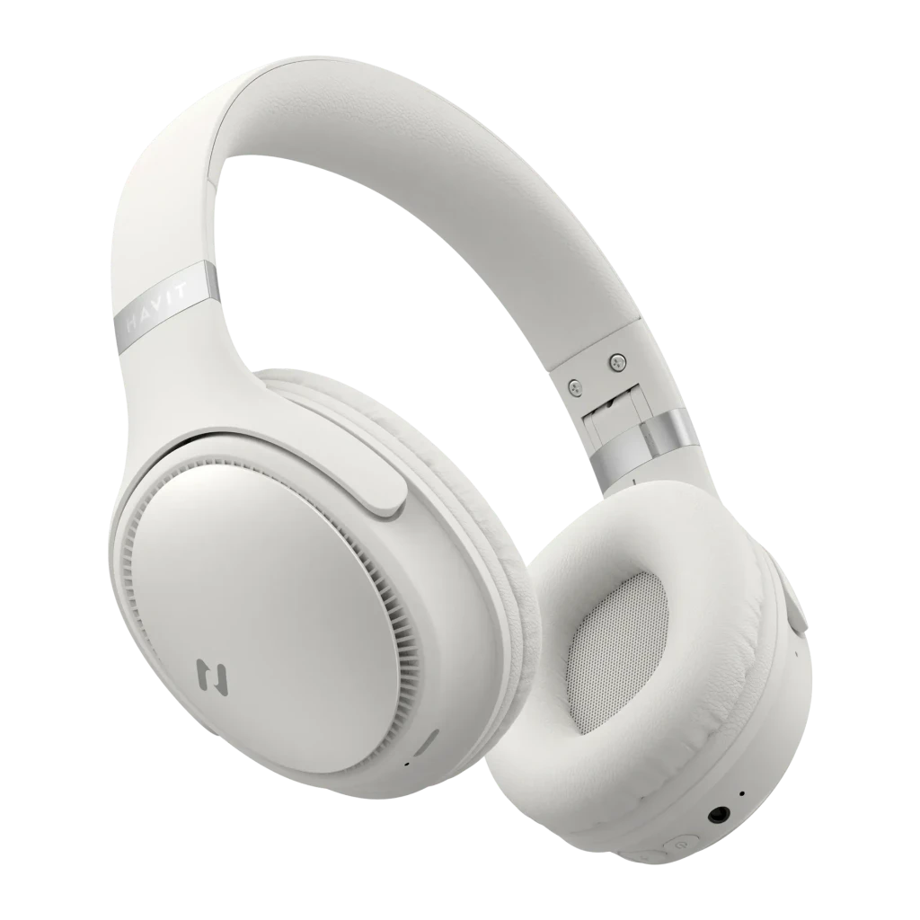 Casque Havit H630BT Bluetooth 5.3 36h blanc, vue latérale: coussinets rembourrés et logo Havit sur le serre-tête