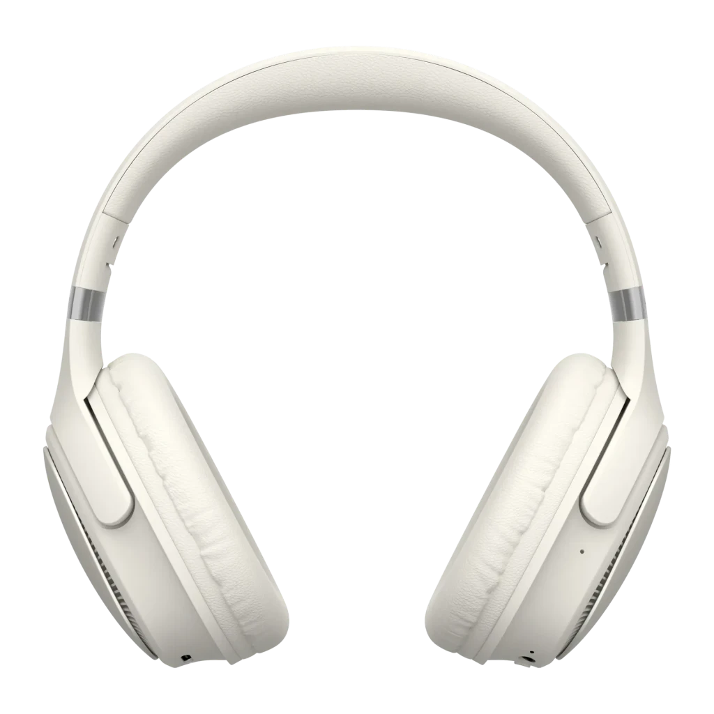 Casque Havit H630BT Bluetooth 5.3 36h blanc, vue de face: coussinets rembourrés et arceau rembourré sur fond noir