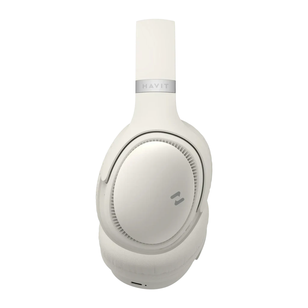 Casque Havit H630BT Bluetooth 5.3 36h, vue latérale: écouteur droit blanc avec logo Havit sur le serre-tête et port USB