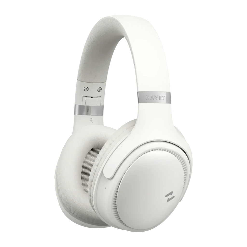 Casque Havit H630BT Bluetooth 5.3 36h, vue latérale: oreillette droite, coussin et logo HAVIT sur arceau blanc