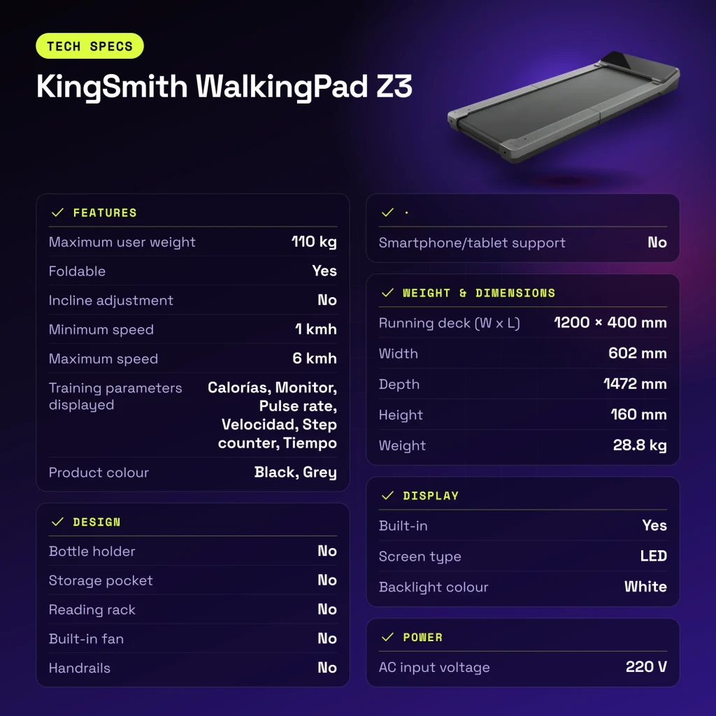 Passadeira KingSmith WalkingPad Z3 Cinzento Dobrável 6km/h - características
