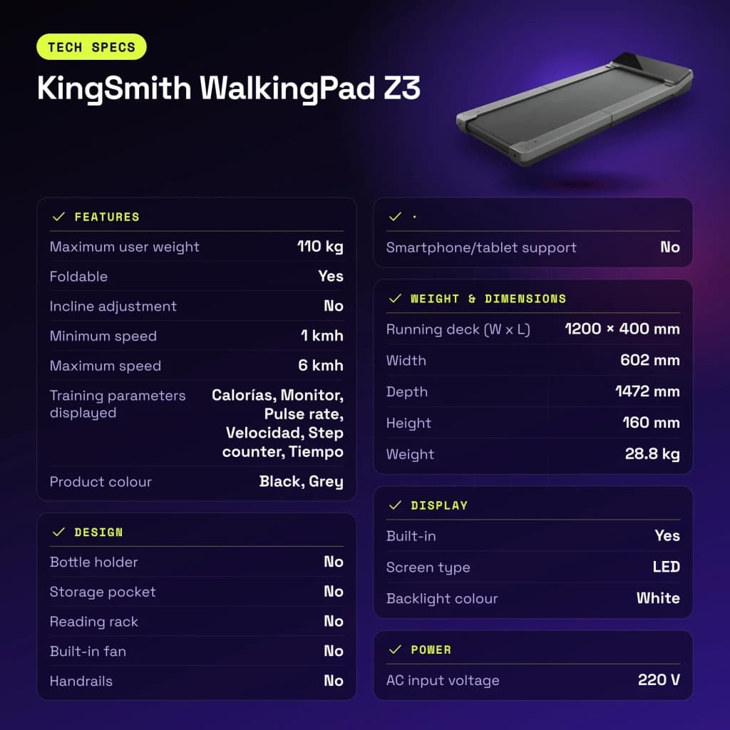 Passadeira KingSmith WalkingPad Z3 Cinzento Dobrável 6km/h - características