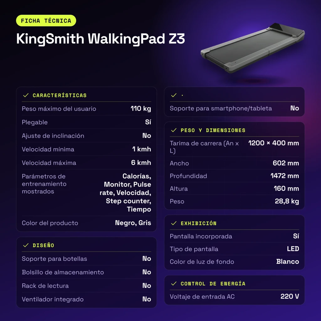 Passadeira KingSmith WalkingPad Z3 Cinzento Dobrável 6km/h - características