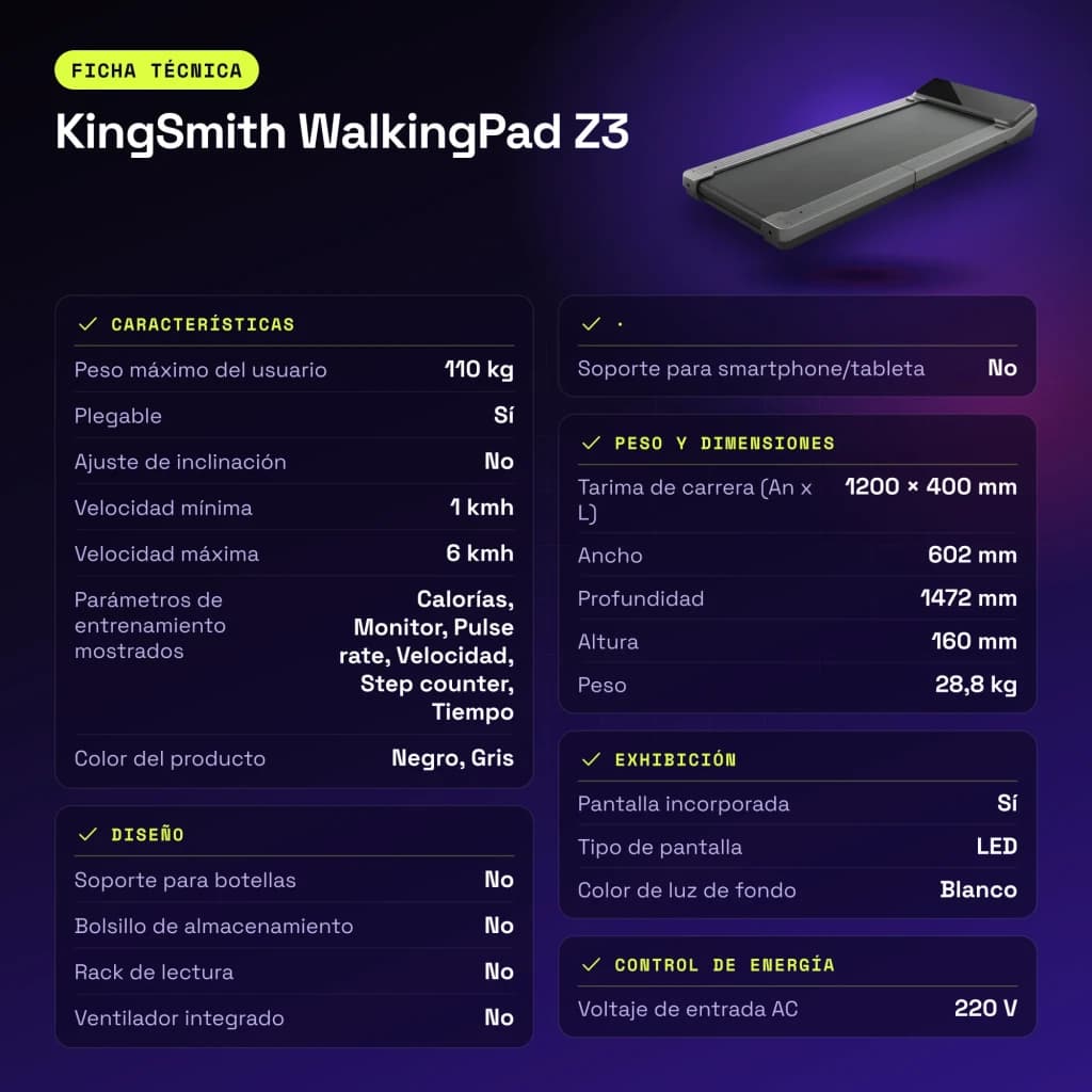 Passadeira KingSmith WalkingPad Z3 Cinzento Dobrável 6km/h - características