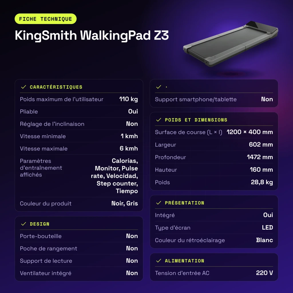 Passadeira KingSmith WalkingPad Z3 Cinzento Dobrável 6km/h - características