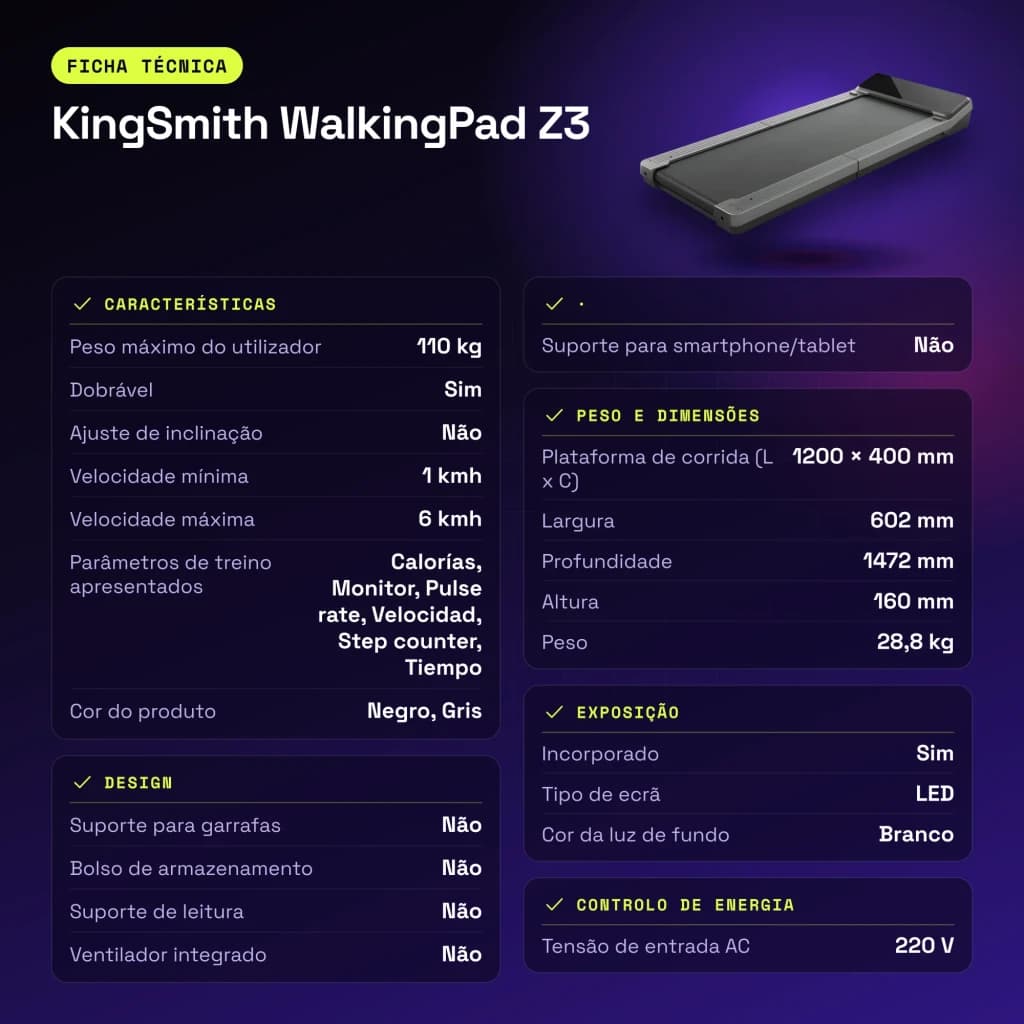 Passadeira KingSmith WalkingPad Z3 Cinzento Dobrável 6km/h - características