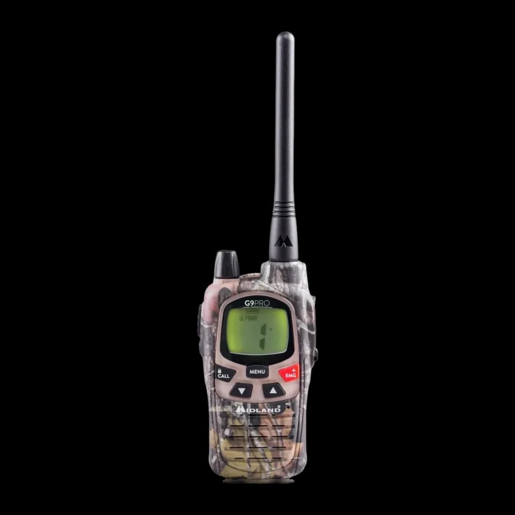 Walkie Talkie Midland G9 Pro PMR 101 Canales Pareja, vista frontal: cuerpo camuflaje, pantalla LCD, botones CALL MENU EMG