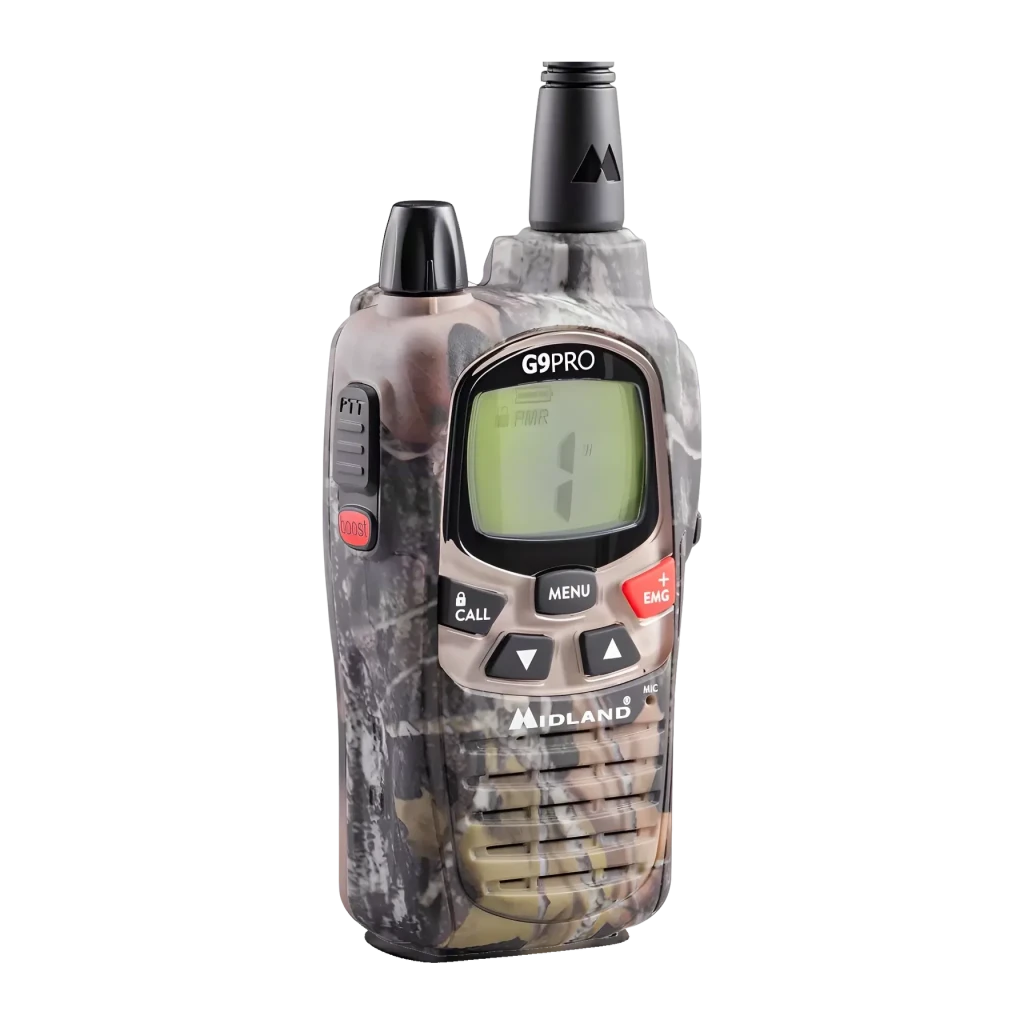 Walkie Talkie Midland G9 Pro PMR 101 Canales Pareja, detalle frontal: carcasa camuflaje, pantalla LCD, botones PTT, CALL