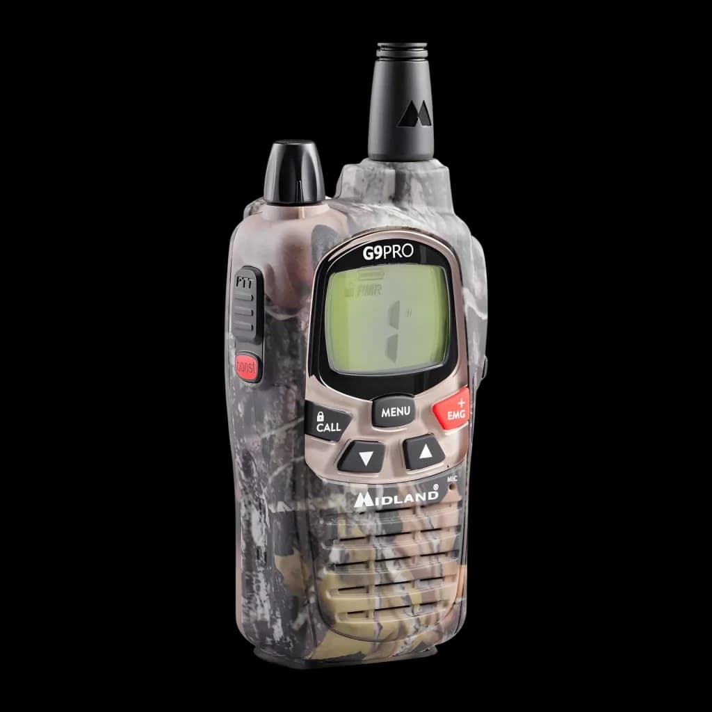 Walkie Talkie Midland G9 Pro PMR 101 Canales Pareja, detalle frontal: carcasa camuflaje, pantalla LCD, botones PTT, CALL