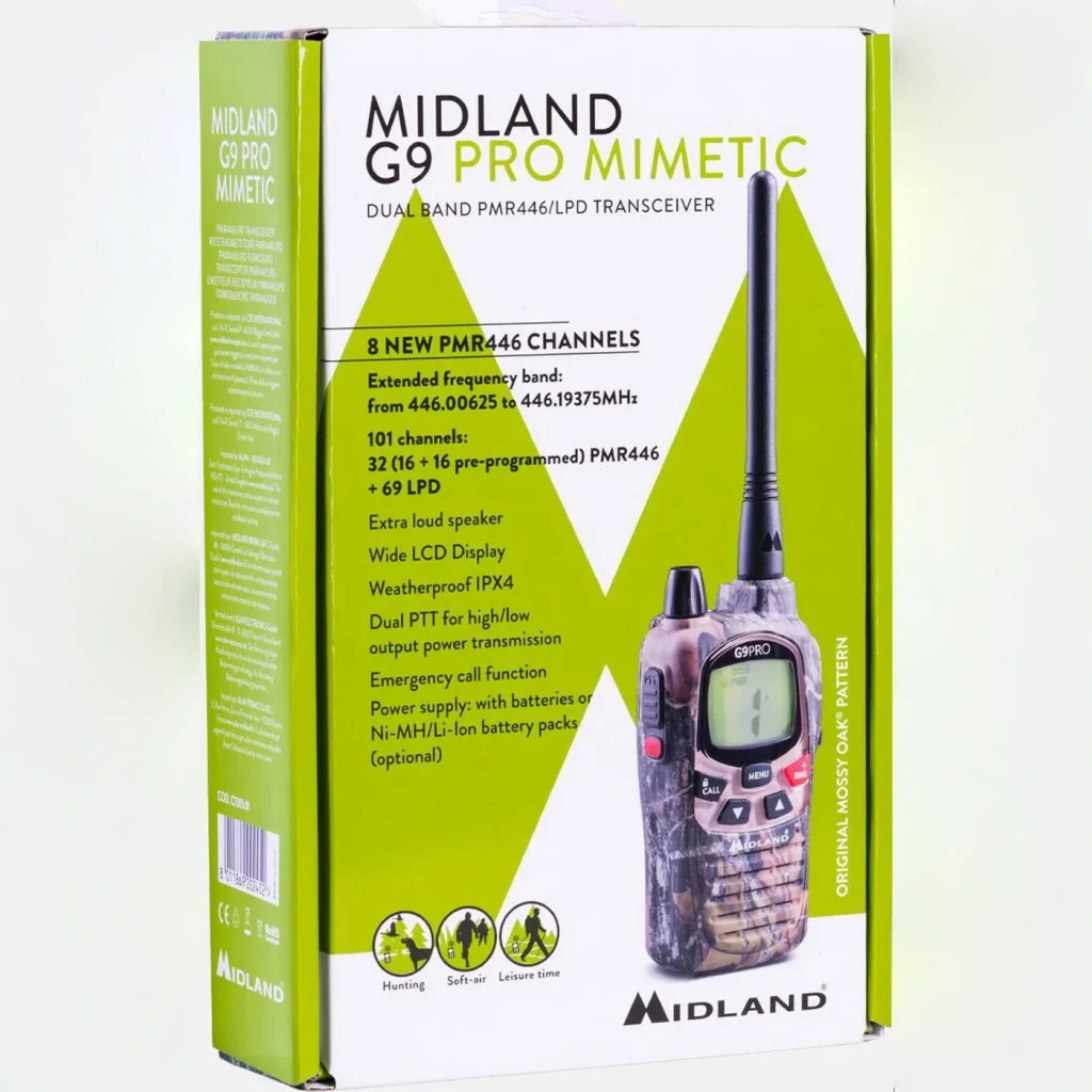 Walkie Talkie Midland G9 Pro PMR 101 Canales Pareja, contenido de la caja: caja verde con walkie mimético camuflaje